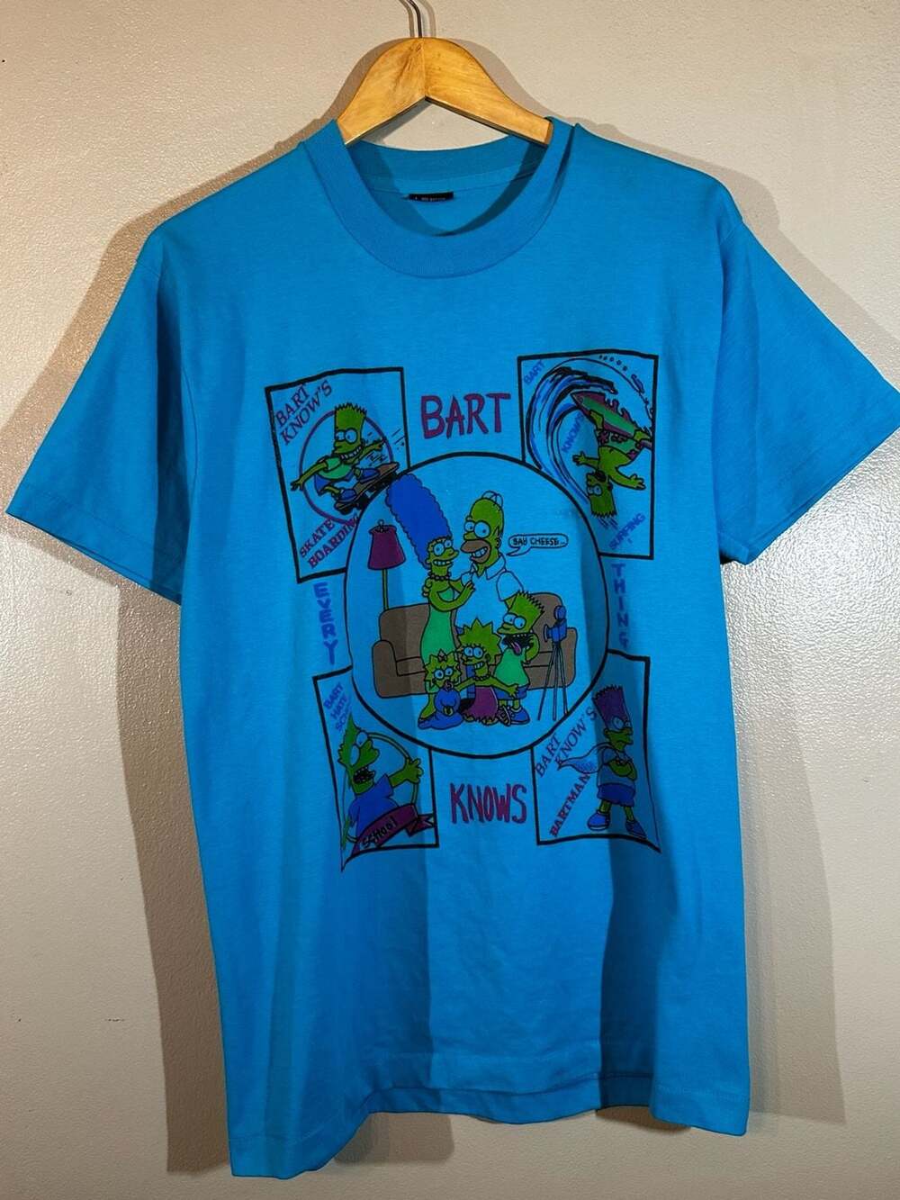The Simpsons Bart Knows Everything T-Shirt Size L Blue Bootleg Vintage